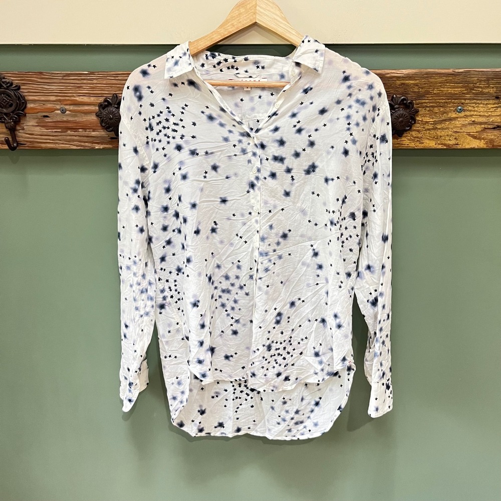 Xirena Womens White Navy Blue Star Galaxy Print Cotton Gauze Button Down Shirt S